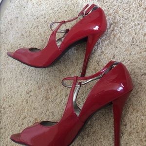 Guess peep toe red patent heels